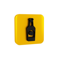 Black Beer bottle icon isolated on transparent background. Yellow square button.