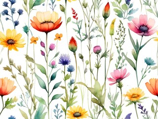 Watercolor style, Watercolour painting, Colourful Different wildflowers. Generative AI