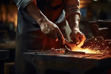 Blacksmith striking a piece of red-hot metal on the anvil, capturing the dynamic and energetic nature of the craft, Anvil striking, Energetic process, Metalworking action, Generative Ai  - obrazy, fototapety, plakaty
