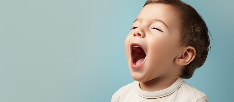 An infant male stretches his mouth open while alone against a plain white backdrop