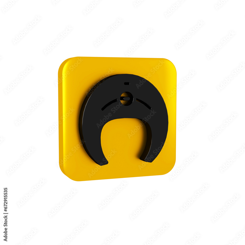 Poster Black Fish steak icon isolated on transparent background. Yellow square button.