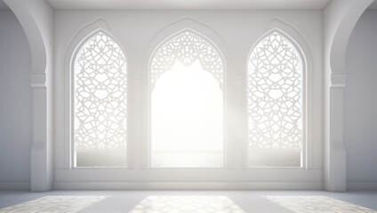 interior of a mosque in white , window arabic decoration  - obrazy, fototapety, plakaty