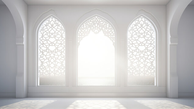 interior of a mosque in white , window arabic decoration 