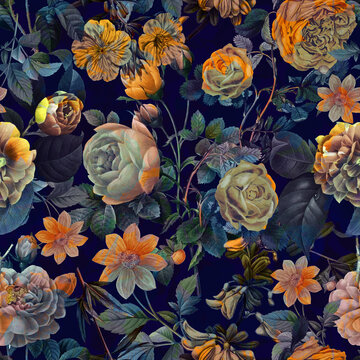 Abstract floral seamless pattern painted by paints vintage roses and wildflowers
