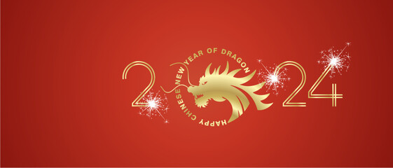 Happy chinese new year 2024 year of the dragon golden zodiac sign in circle logo icon double line design numbers with white sparkle firework on red background