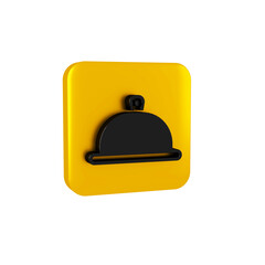 Black Covered with a tray of food icon isolated on transparent background. Tray and lid sign. Restaurant cloche with lid. Yellow square button.