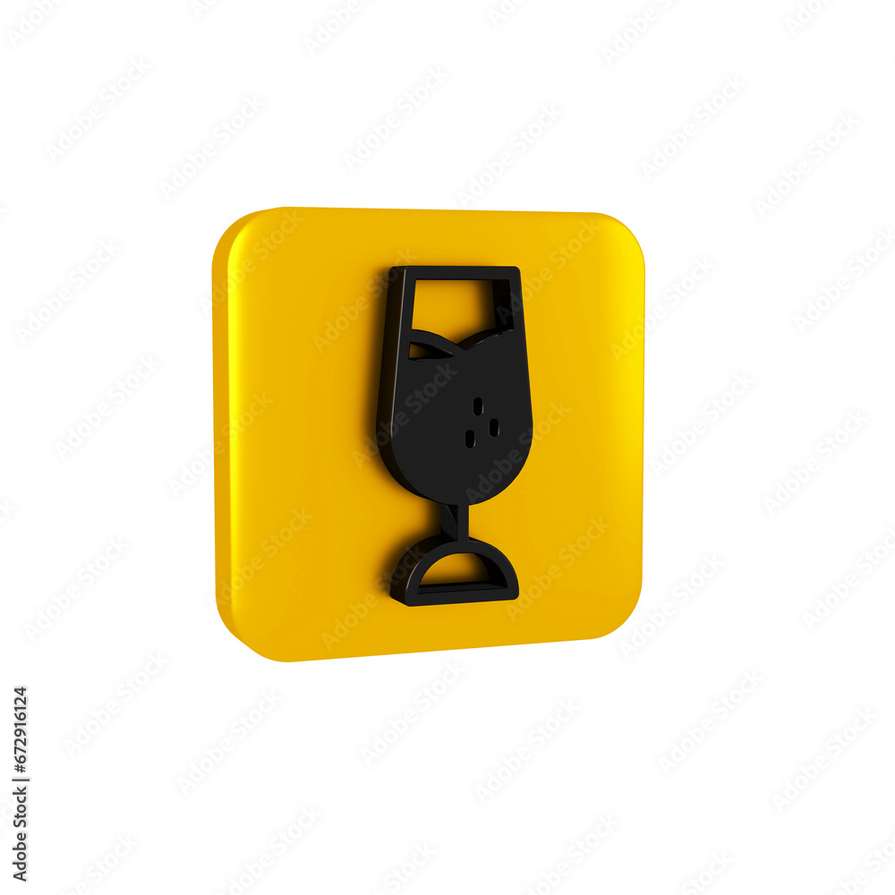 Poster Black Wine glass icon isolated on transparent background. Wineglass sign. Yellow square button.