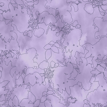 Monochrome purple floral seamless pattern, delicate line art rose outlines on soft watercolor lilac background for wallpaper and fabric print