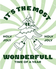 Christmas and New Year retro cartoon characters label template poster. Christmas tree walking to party. Mery xmas Vector mascot groovy illustration in trendy vintage comic style isolated on background