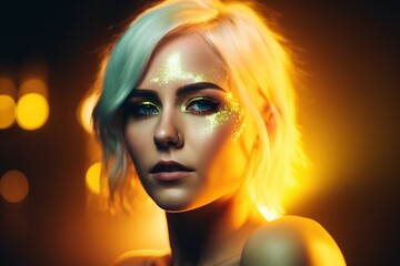 Golden woman's skin is blonde. Beautiful fashion model with golden makeup. Look Fashionable artistic portrait, generative ai
