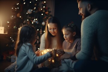 Obraz na płótnie Canvas happy family sitting near the Christmas tree and unpacking Christmas gifts. generative AI
