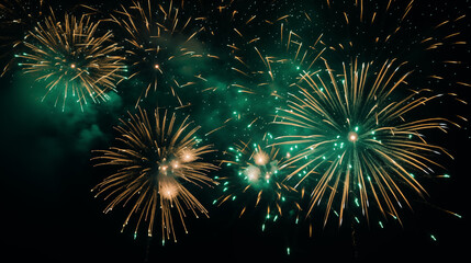 Tło na życzenia - fajerwerki na niebie w Sylwestrową noc - huczne świętowanie. Szczęśliwego Nowego Roku - obrazy, fototapety, plakaty