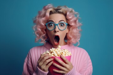 Naklejka premium Portrait of a surprised young girl with bright makeup, isolated on purple background, eating popcorn. Generative AI