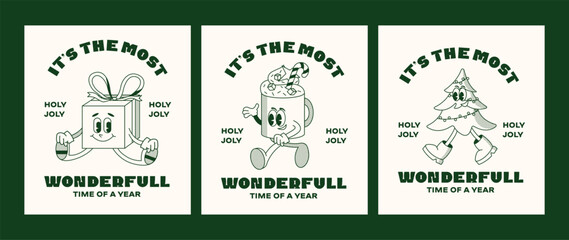 Christmas and New Year retro cartoon characters label template poster set. Present, cup, tree, bauble. Merry xmas Vector mascot groovy illustration in trendy vintage comic style isolated on background