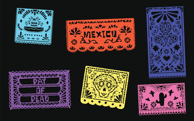 Mexican paper cut holiday flags. Cinco de mayo, dia de los muertos, viva mexico papel picado ornaments