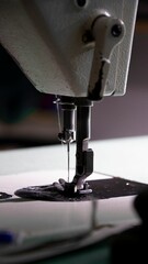 Closeup shot of a vintage sewing machine stitching a piece of fabric on a wooden table