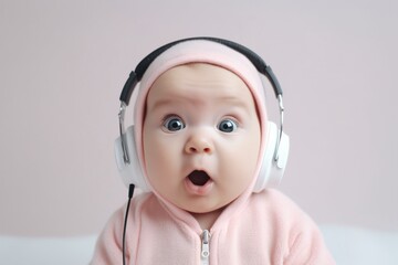 cheerful surprised baby 6 months old wearing headphones to listen to music, music with a positive...