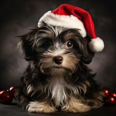 Yorkshire terrier in santa hat.
