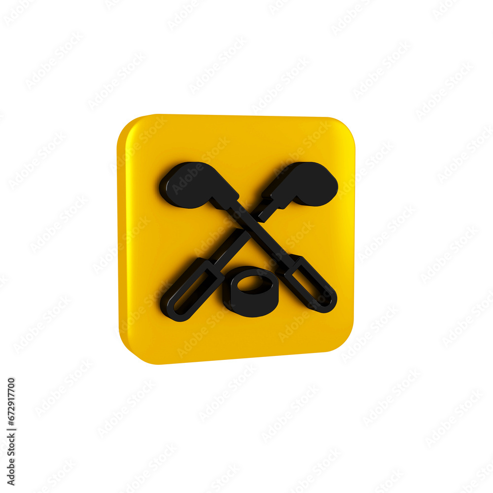 Wall mural Black Ice hockey sticks and puck icon isolated on transparent background. Game start. Yellow square button.