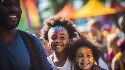 a family at a vibrant community festival. Dad is smiling. boy's eyes sparkle with delight behind cute face painting. in the background, other festival-goers are visible. generative AI - obrazy, fototapety, plakaty