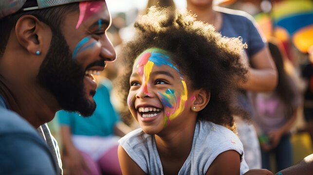 a family at a vibrant community festival. Dad is smiling. boy's eyes sparkle with delight behind cute face painting. in the background, other festival-goers are visible. generative AI