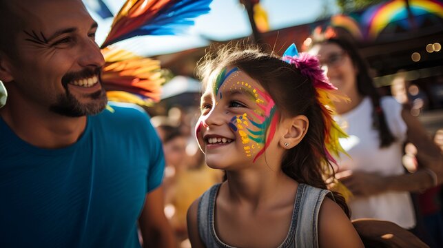 a family at a vibrant community festival. Dad is smiling. girl's eyes sparkle with delight behind cute face painting. in the background, other festival-goers are visible. generative AI