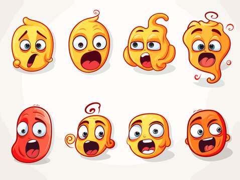 Drawing of 8 Emojis different expressions illustration separated, sweeping overdrawn lines.
