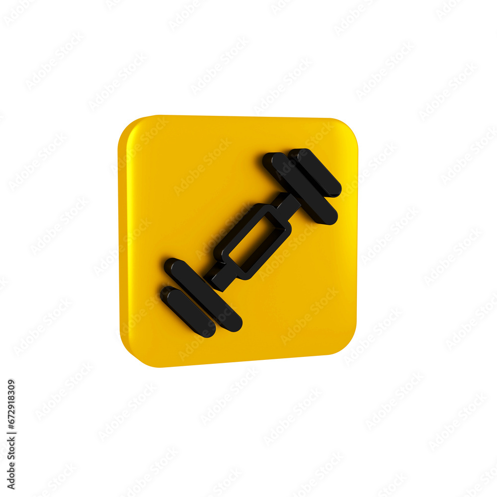 Poster Black Dumbbell icon isolated on transparent background. Muscle lifting, fitness barbell, sports equipment. Yellow square button.