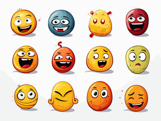 Drawing of 8 Emojis different expressions illustration separated, sweeping overdrawn lines.