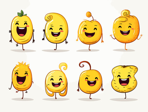 Drawing of 8 happy Emojis different expressions illustration separated, sweeping overdrawn lines.