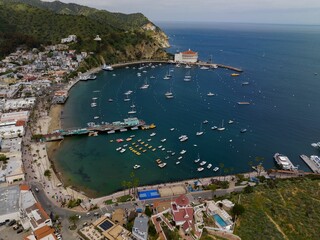 Scenic aerial view of a harbor filled with docked boats near Avalon harbor