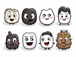 Drawing of 8 types Doodle Emoji face icon set illustration separated, sweeping overdrawn lines.