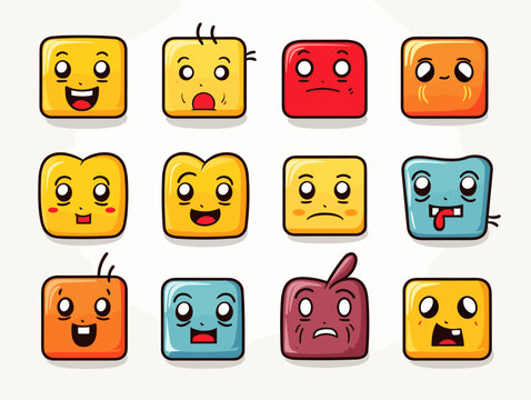 Drawing of 8 types Doodle Emoji face icon set illustration separated, sweeping overdrawn lines.