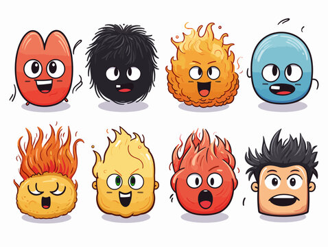 Drawing of 8 types Doodle Emoji face icon set illustration separated, sweeping overdrawn lines.