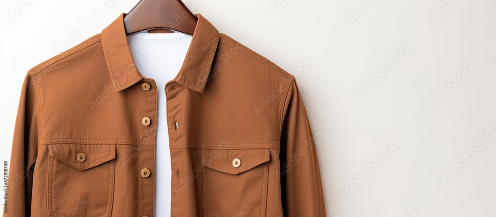 Canvas Prints Top view of a casual style brown jacket featuring buttons and a graphite t shirt all set against a white background