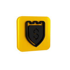 Black Shield with dollar symbol icon isolated on transparent background. Security shield protection. Money security concept. Yellow square button.
