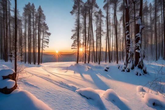 sunrise in winter forest generated by AI technology	