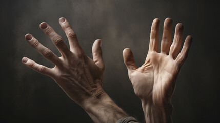 Two hands reaching out with dramatic lighting and shadow play. - obrazy, fototapety, plakaty