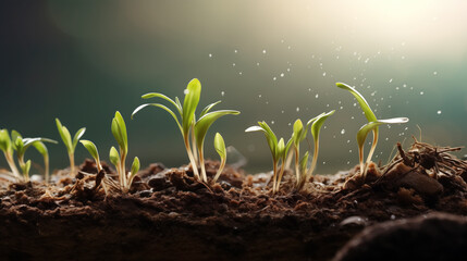 Seedlings sprouting in soil with sunlight and water drops. - obrazy, fototapety, plakaty