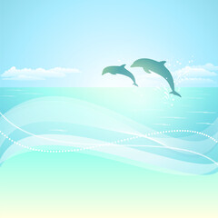 Seaside view with silhouette of two jumping dolphins. Abstract vector background with space for your text.