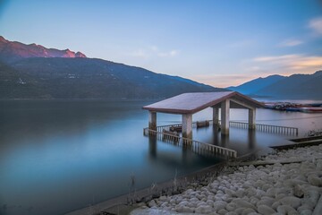 Tranquil scene of Tehri Lake with mountains in the background. Uttarakhand, India.