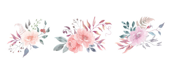 Watercolor floral  set. Hand drawn bouquets isolated on white background. Vector EPS. - obrazy, fototapety, plakaty