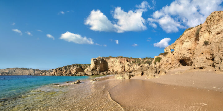 Golden beaches and sandstone cliffs near Albufeira, Portugal, panoramic image