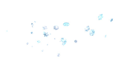 Effect of cold winter wind with snow. White air clouds with snowflakes and ice particles in shape of whirlwind, wave, spray and flow, isolated on transparent background