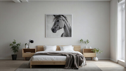Bellissima camera da letto con arredamento minimalistico, con colori naturali ed eleganti e cornice con cavallo sul muro
