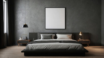 Bellissima camera da letto con arredamento minimalistico, con colori naturali ed eleganti e cornice vuota sul muro