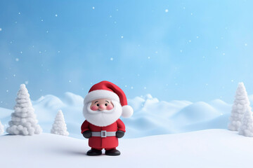 Naklejka na ściany i meble Cute Santa Claus, looking at camera, Christmas background, New Year, greeting card, space for text, winter landscape
