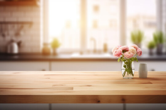 Kitchen with red flowers on empty wooden table. Clean background with blurred window frames and interior. Simple lifestyle and refreshing morning concept