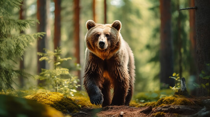 Furious attacking brown bear in the autumn forest