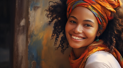 A joyful woman with a colorful headscarf and a bright, engaging smile.